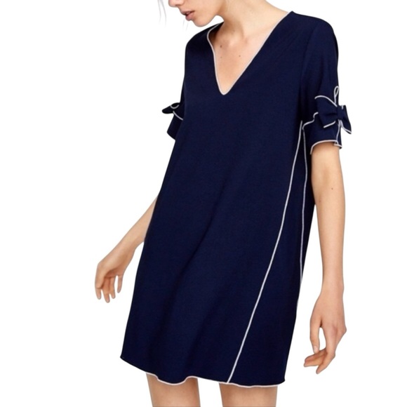 Zara Dark Blue Tunic with Bow Accents size Large - Picture 6 of 10